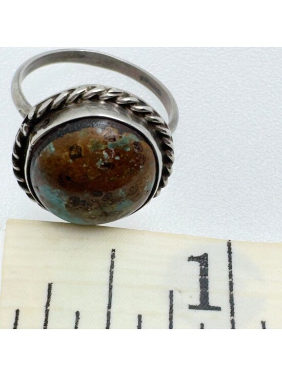 Sterling Silver Ring Turquoise Cabochon Twisted Rope Size 8 Artisan-Made Vintage - Picture 6 of 10